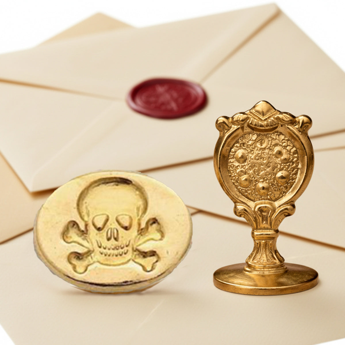 Skull & Crossbones Wax Seal Stamp – Vintage-Style Oval Florentine Brass Stamp with Attached Handle - Nostalgic Impressions