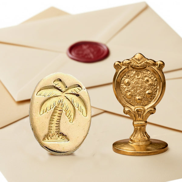 Palm Tree Wax Seal Stamp – Vintage-Style Oval Florentine Brass Stamp with Attached Handle -Nostalgic Impressions
