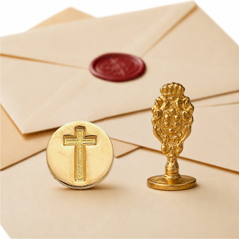 Cross Wax Seal Stamp – Vintage-Style Oval Florentine Brass Stamp with Attached Handle - Nostalgic Impressions