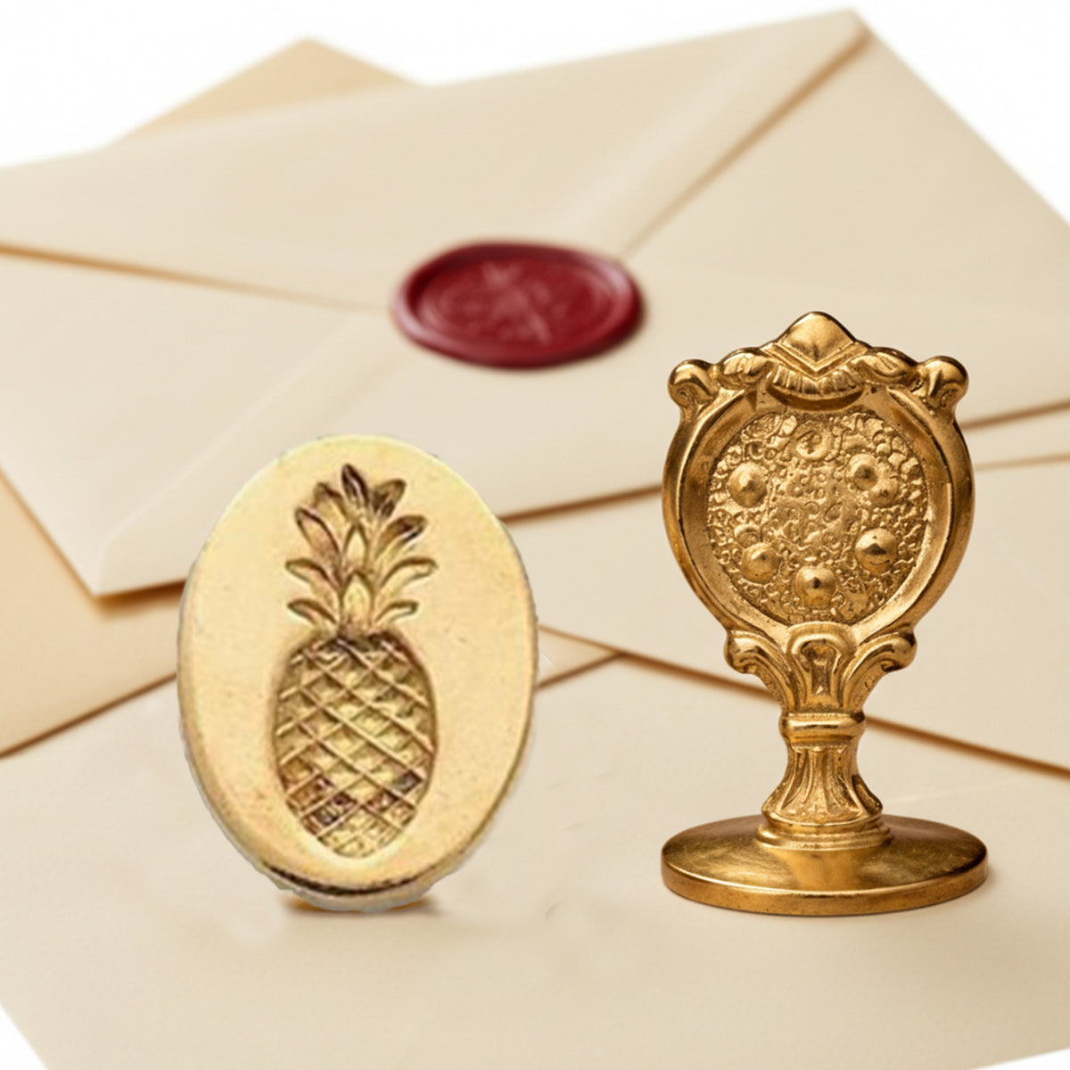 Pineapple Wax Seal Stamp – Vintage-Style Oval Florentine Brass Stamp with Attached Handle - Nostalgic Impressions
