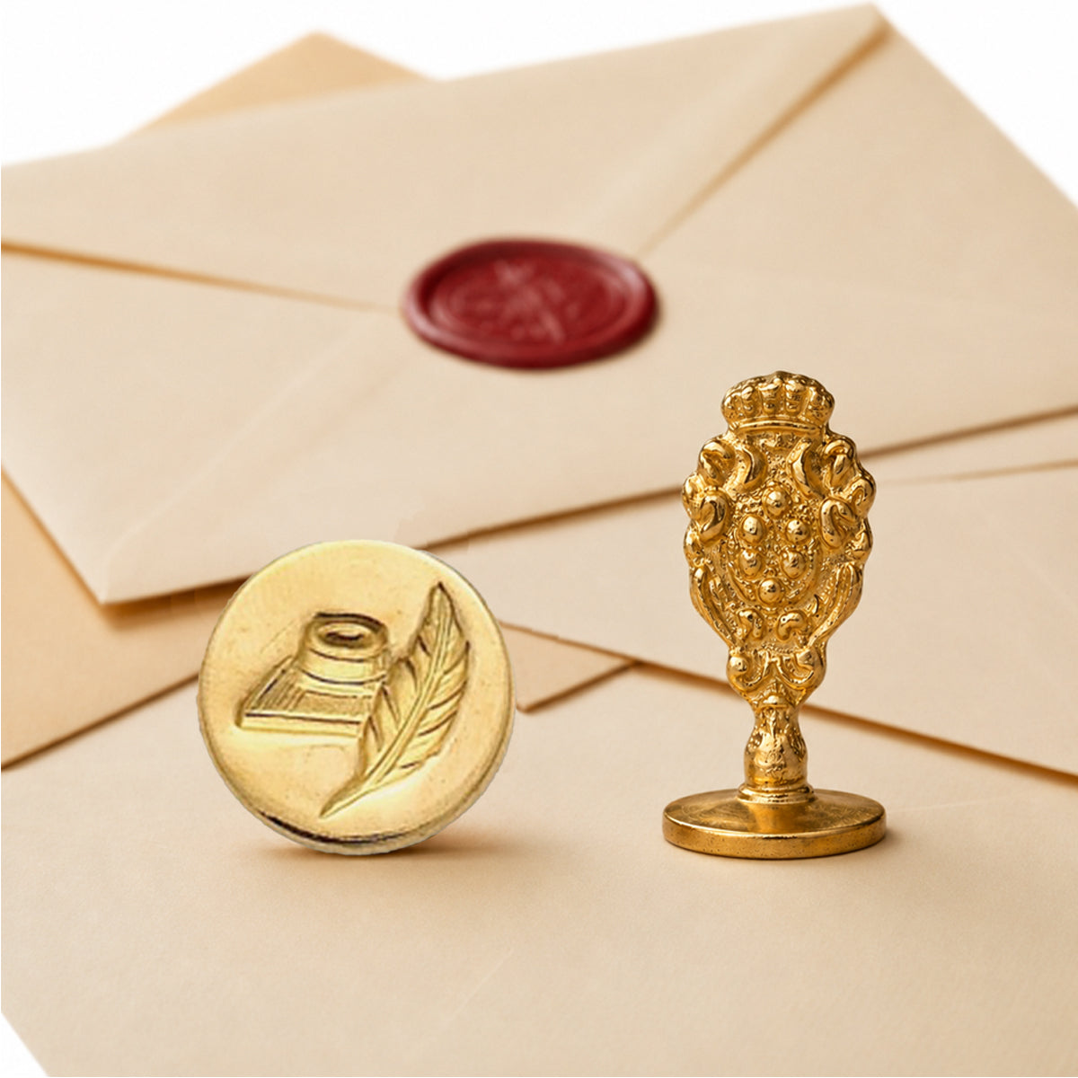 Quill & Ink Wax Seal Stamp – Vintage-Style Round Florentine Brass Stamp with Attached Handle - Nostalgic Impressions