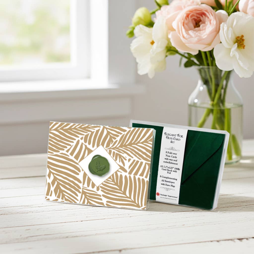Fern Leaves Gold Foil Boxed Note Card Set with Wax Seal by Nostalgic Impressions