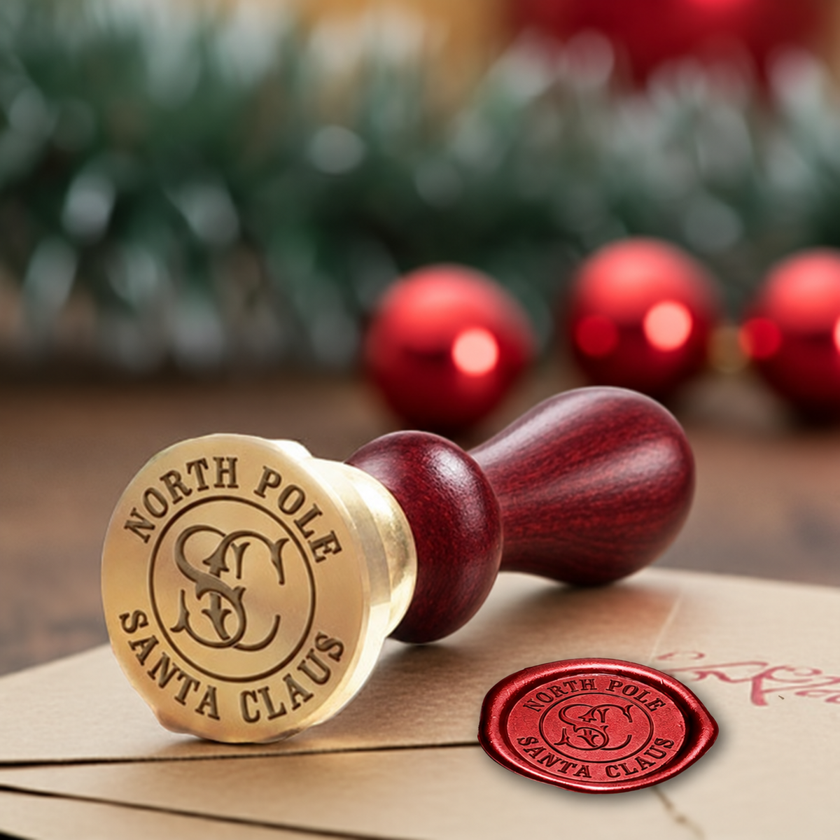 North Pole-Santa Claus Brass wax seal stamp with a burgundy wood handle