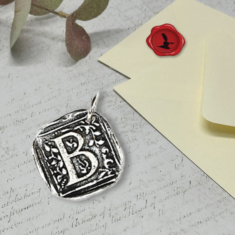 Filigree Initial Wax Seal Charm 1" square -Antiqued Silver-Made in Italy