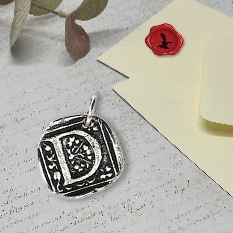 Filigree Initial Wax Seal Charm 1" square -Antiqued Silver-Made in Italy