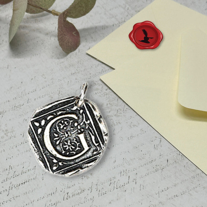 Filigree Initial Wax Seal Charm 1" square -Antiqued Silver-Made in Italy