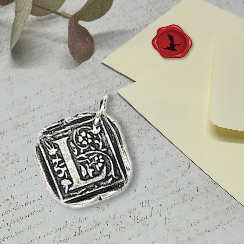 Filigree Initial Wax Seal Charm 1" square -Antiqued Silver-Made in Italy