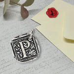 Filigree Initial Wax Seal Charm 1" square -Antiqued Silver-Made in Italy