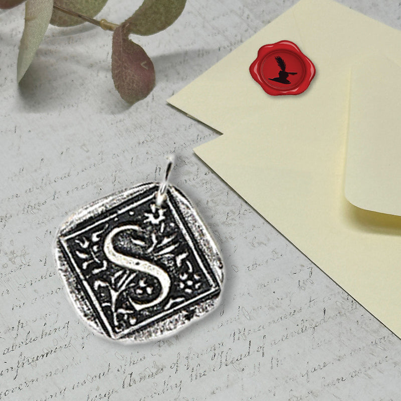 Filigree Initial Wax Seal Charm 1" square -Antiqued Silver-Made in Italy