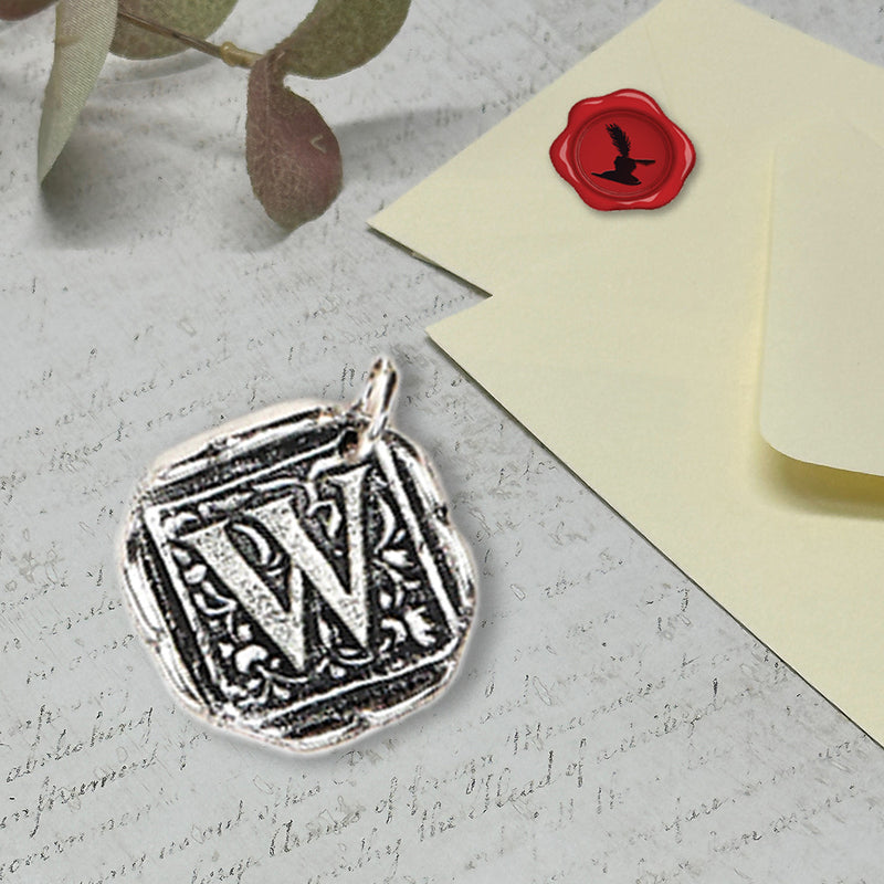 Filigree Initial Wax Seal Charm 1" square -Antiqued Silver-Made in Italy