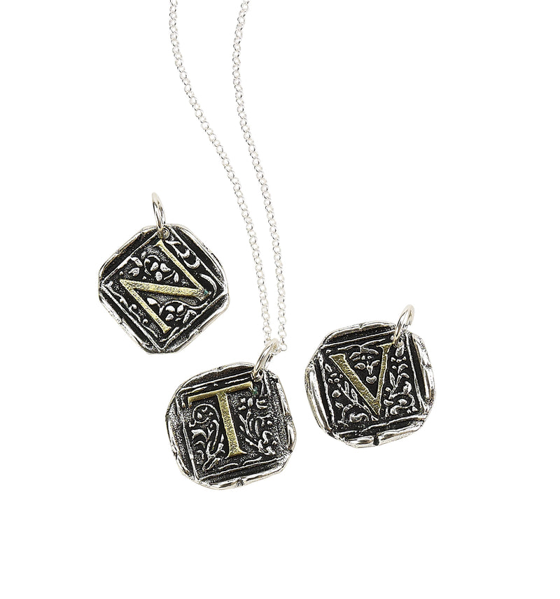 Filigree Initial Wax Seal Charm 1" square -Antiqued Silver/Brass Initial Accent-Made in Italy - Nostalgic Impressions