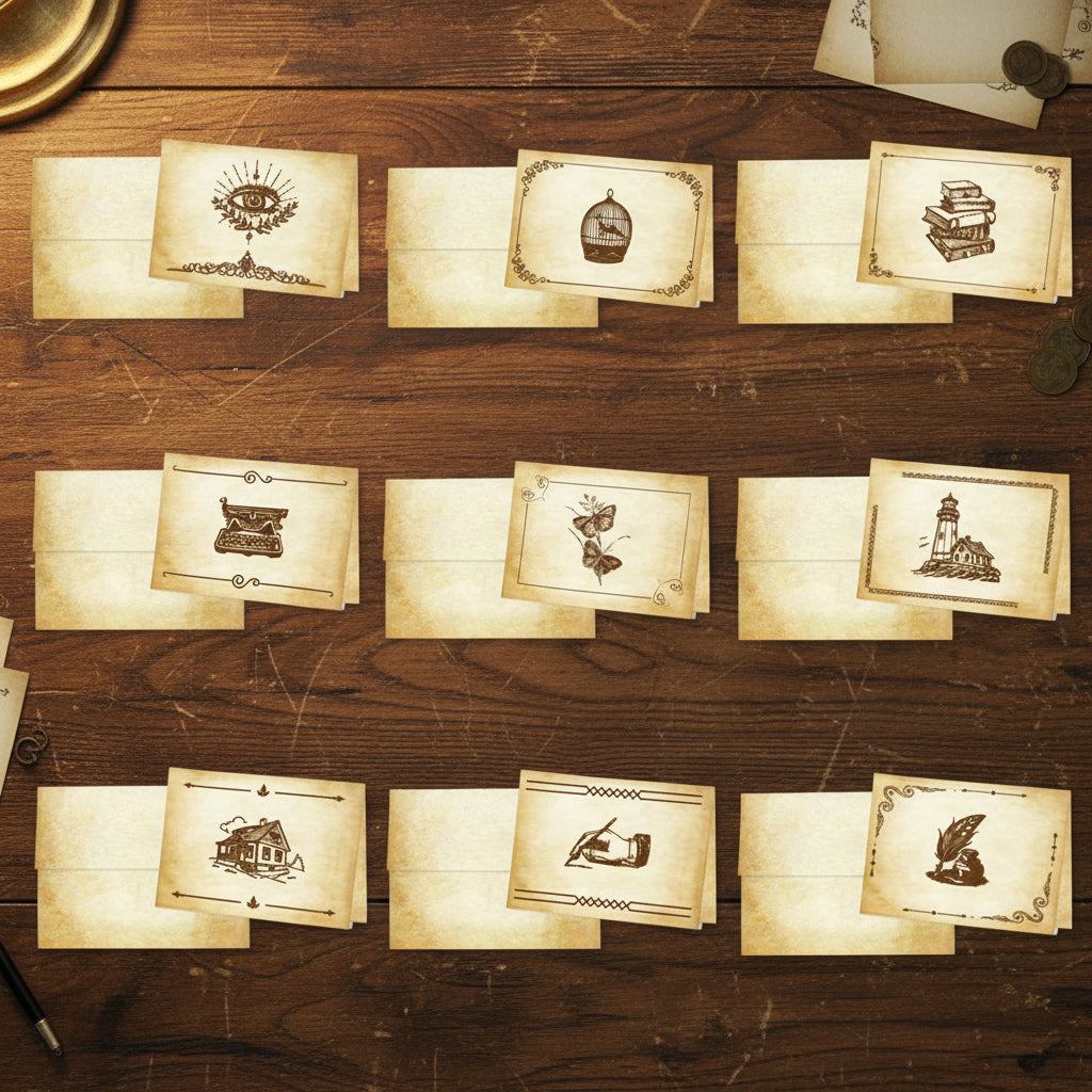 Aged Parchment Printed Note Card Set with Envelopes 8/8 - 8 Designs