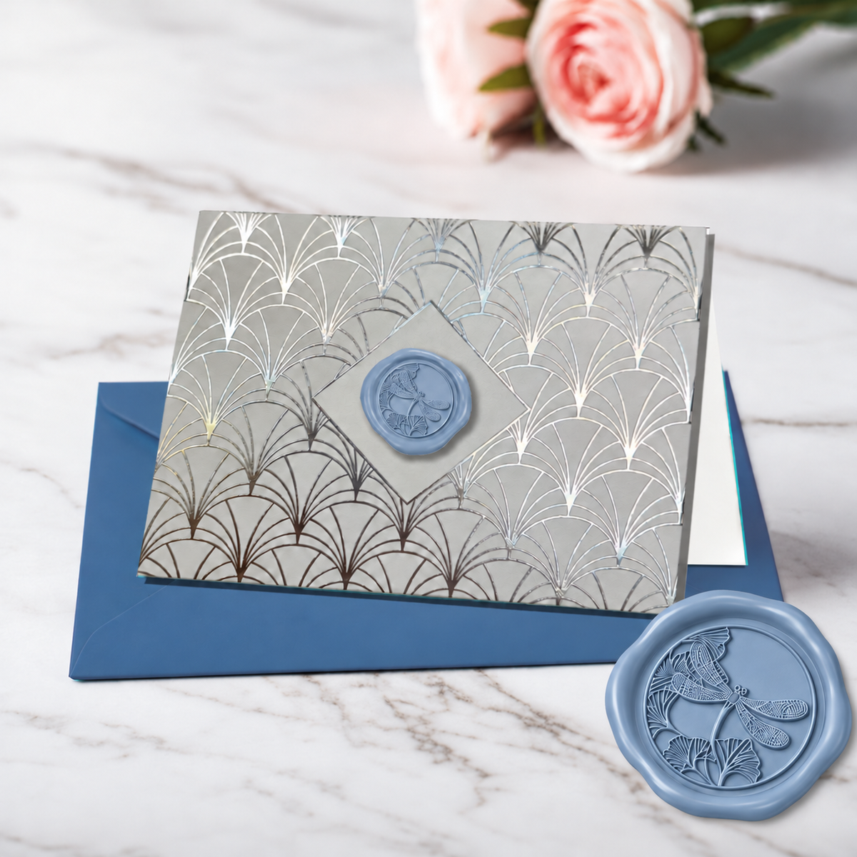 Art Deco Silver Foil Boxed Note Cards with Slate Blue Dragonfly Wax Seal  8/8