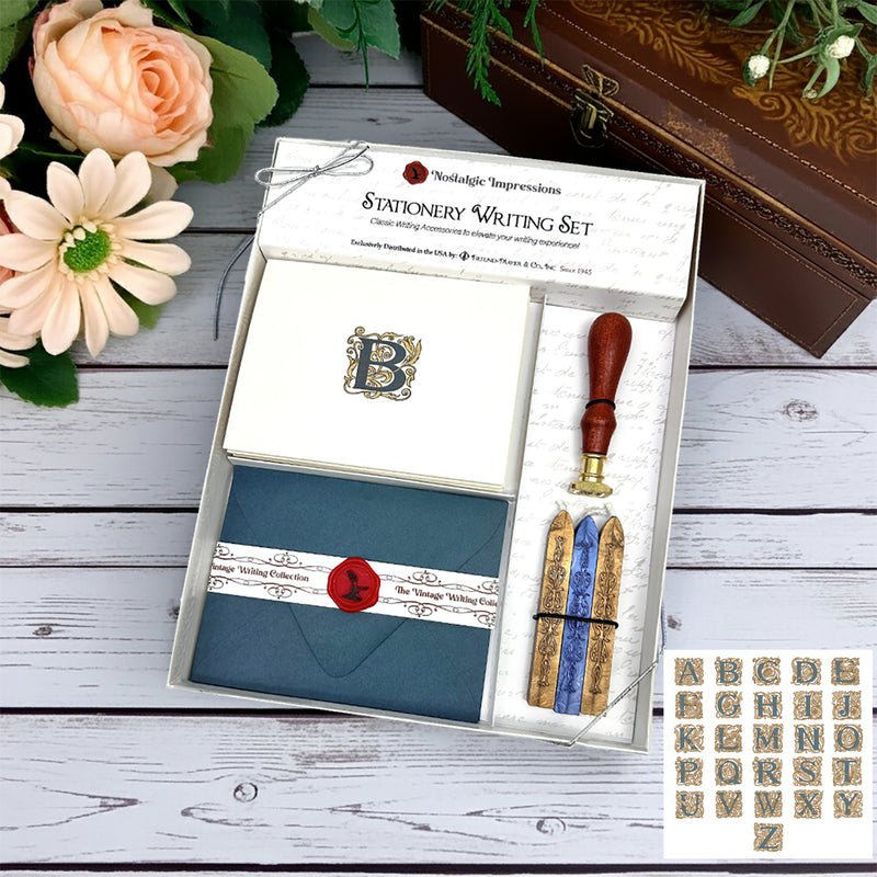 Filigree Initial Stationery Writing Set with Wax Stamp and Sealing Wax