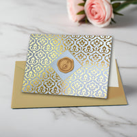 Gold Foil Brocade Single Initial Note Cards with Wax Seals by Nostalgic Impressions