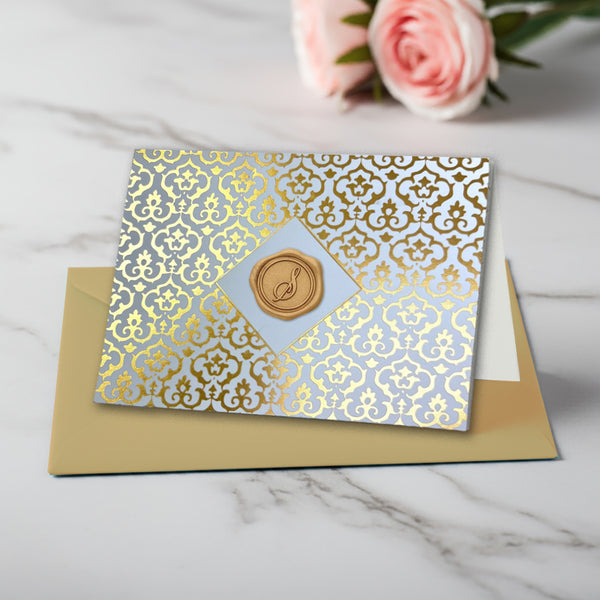 Gold Foil Brocade Single Initial Note Cards with Wax Seals by Nostalgic Impressions