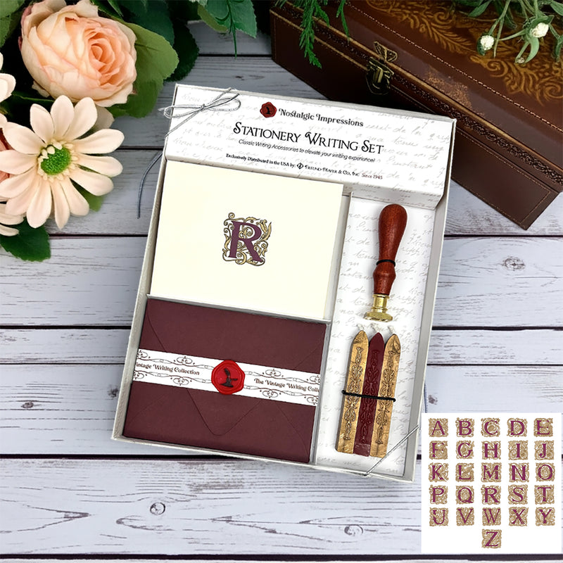 Filigree Initial Stationery Writing Set with Wax Stamp and Sealing Wax
