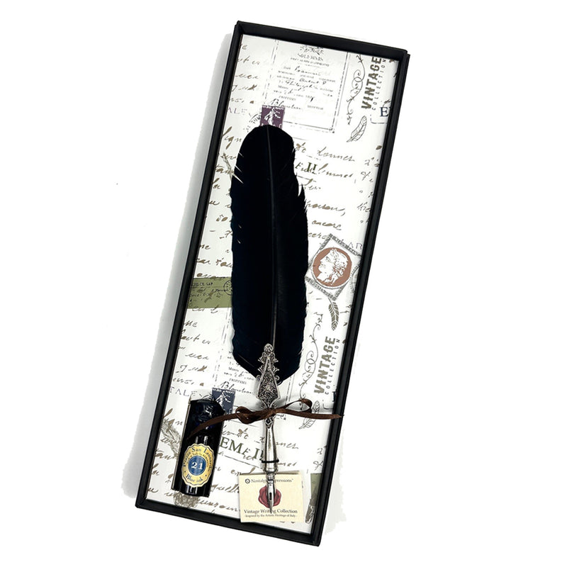 Feather Quill Pen & Ink Set-Decorated Metal Floral Holder Dip Pen