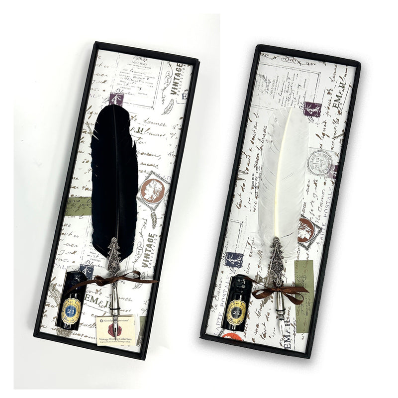Feather Quill Pen & Ink Set-Decorated Metal Floral Holder Dip Pen