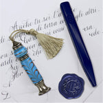 Murano Blue Glass Gold Leaf Handled Wax Seal Stamp with Tassel and Apex Initial - Nostalgic Impressions