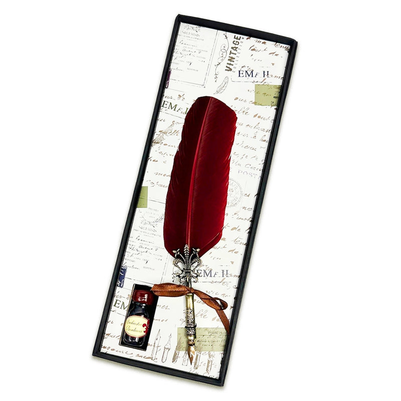 Feather Quill Pen & Ink Set-Decorated Metal Fleur Holder Dip Pen