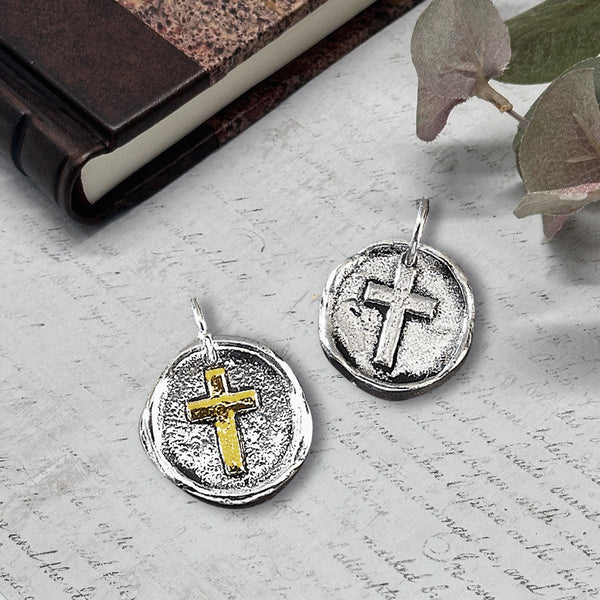Cross Petite Wax Seal Charms 2 sizes Antiqued Silver or Brass Accent - Made in Italy - Nostalgic Impressions