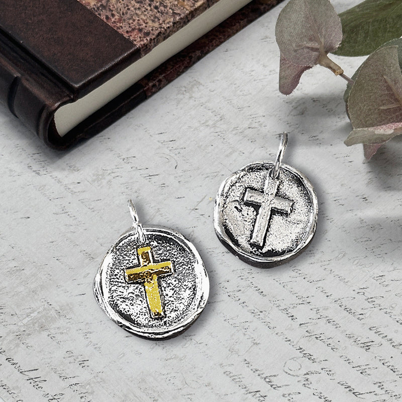 Cross Petite Wax Seal Charms 2 sizes Antiqued Silver or Brass Accent-Made in Italy