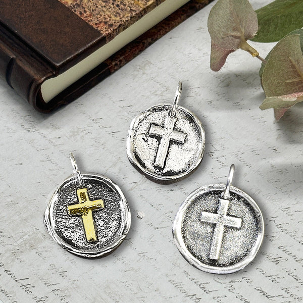 Cross Petite Wax Seal Charms 2 sizes Antiqued Silver or Brass Accent - Made in Italy - Nostalgic Impressions