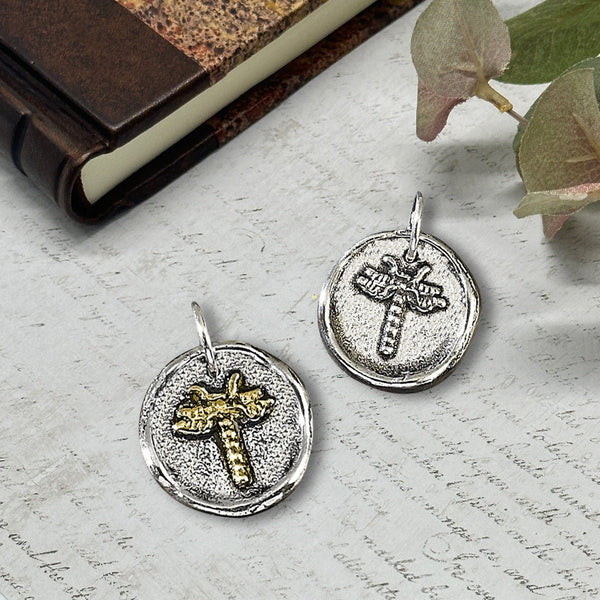 Dragonfly Petite Wax Seal Charm 5/8" Antiqued Silver or Brass Accent - Made in Italy - Nostalgic Impressions
