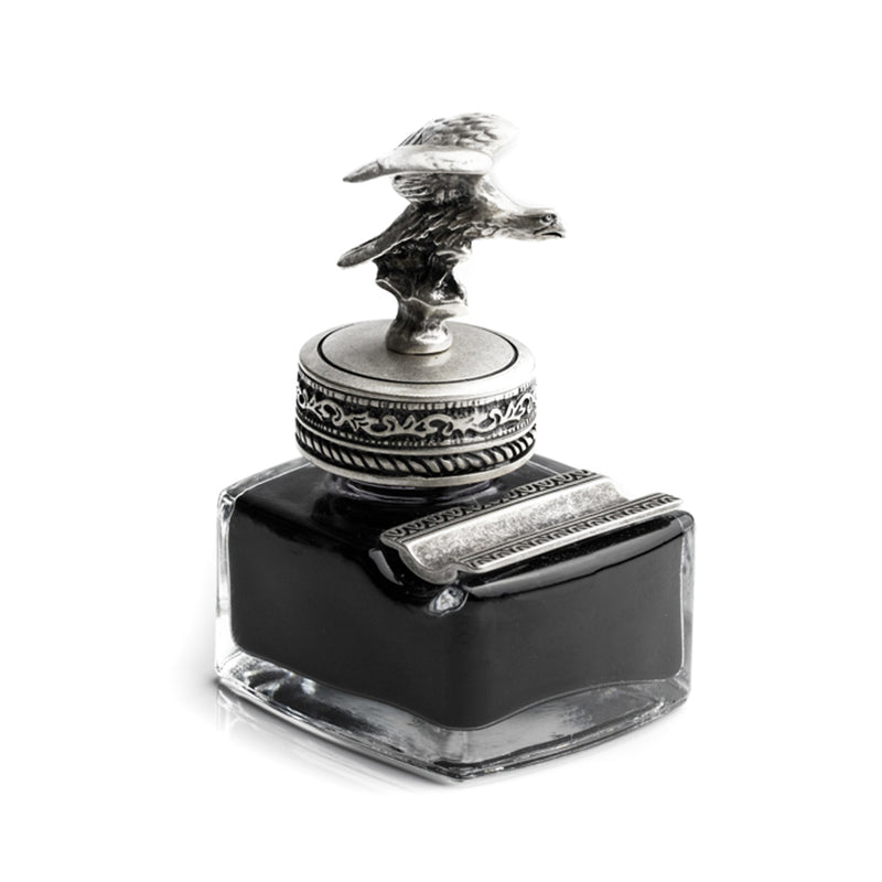 Eagle Glass Inkwell with Pewter Cap & Pen Rest - Black Writing Ink