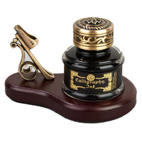 Inkwell with Ink on oval Wood Stand with Brass  Pen Holder