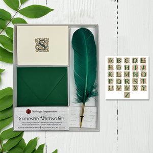 Vintage Ornate Filigree Initial Personalized Note Card Set with Feather Ballpoint Pen 8/8/1