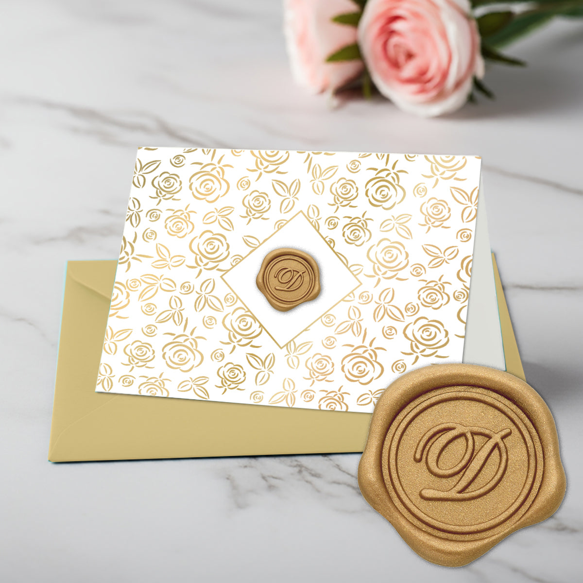 Gold Initial Wax Seal Foil Boxed Note Cards-Gold Roses 8/8