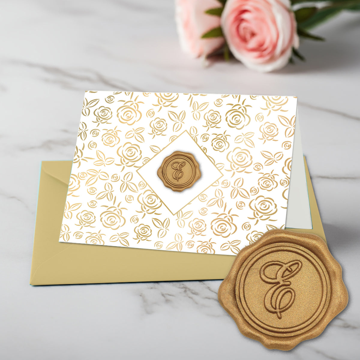 Gold Initial Wax Seal Foil Boxed Note Cards-Gold Roses 8/8