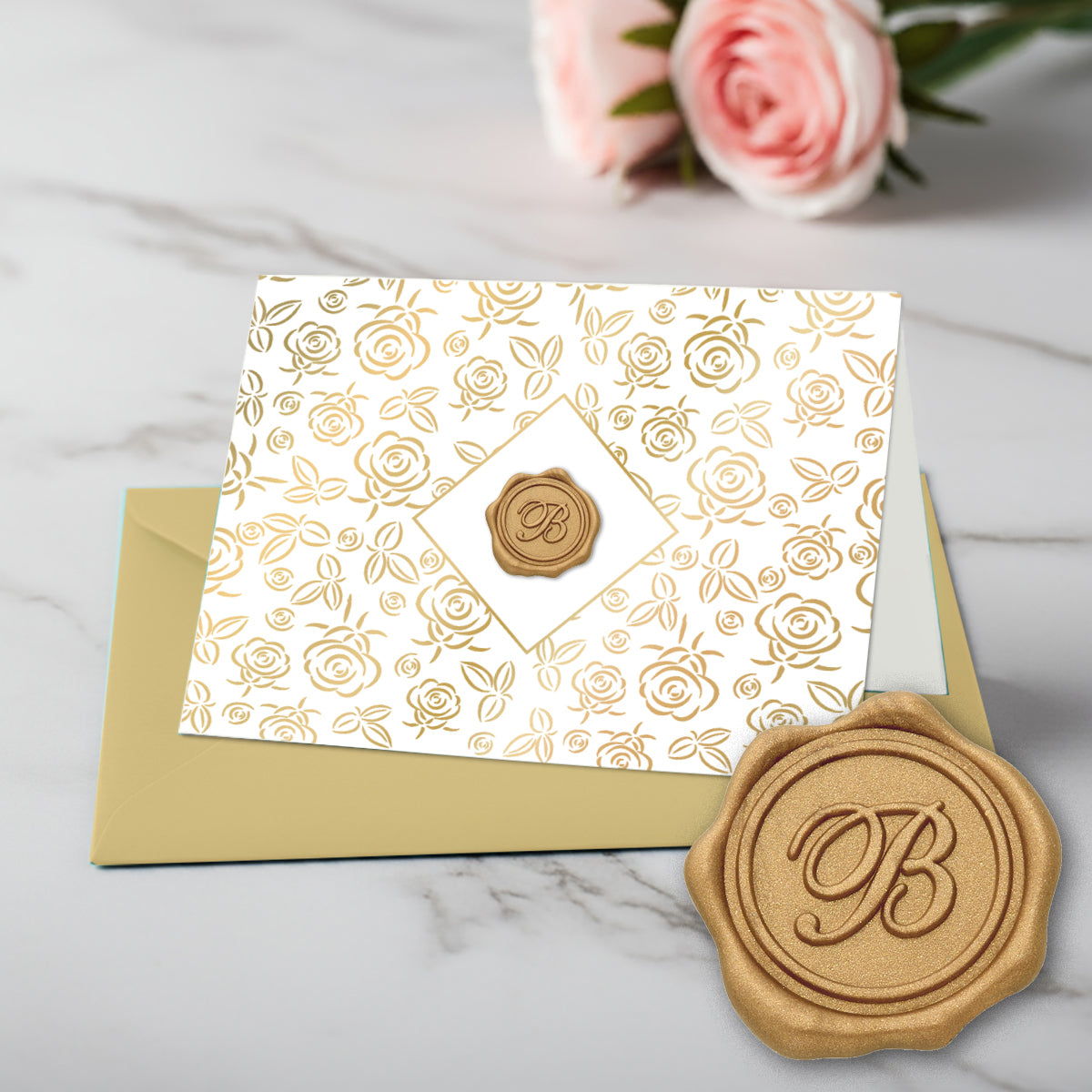 Gold Initial Wax Seal Foil Boxed Note Cards-Gold Roses 8/8