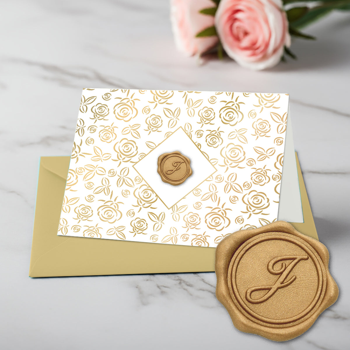 Gold Initial Wax Seal Foil Boxed Note Cards-Gold Roses 8/8