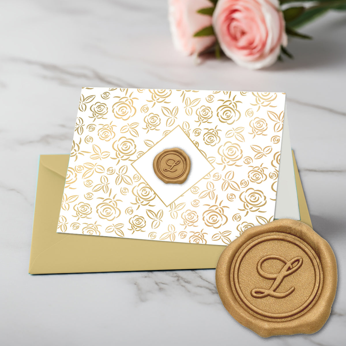 Gold Initial Wax Seal Foil Boxed Note Cards-Gold Roses 8/8