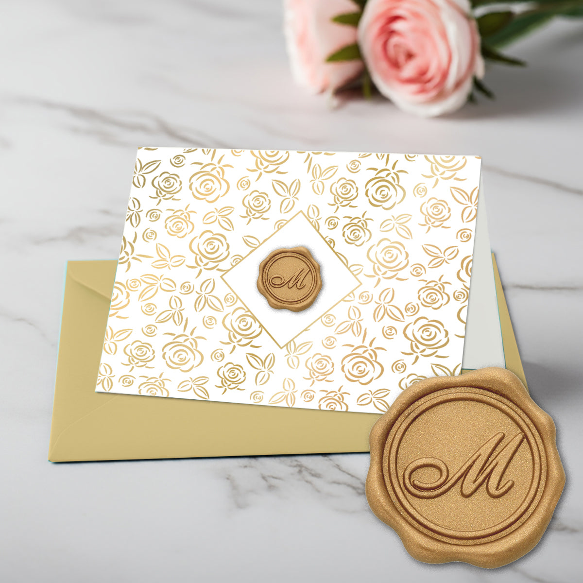 Gold Initial Wax Seal Foil Boxed Note Cards-Gold Roses 8/8