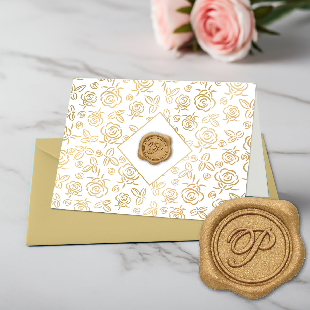 Gold Initial Wax Seal Foil Boxed Note Cards-Gold Roses 8/8