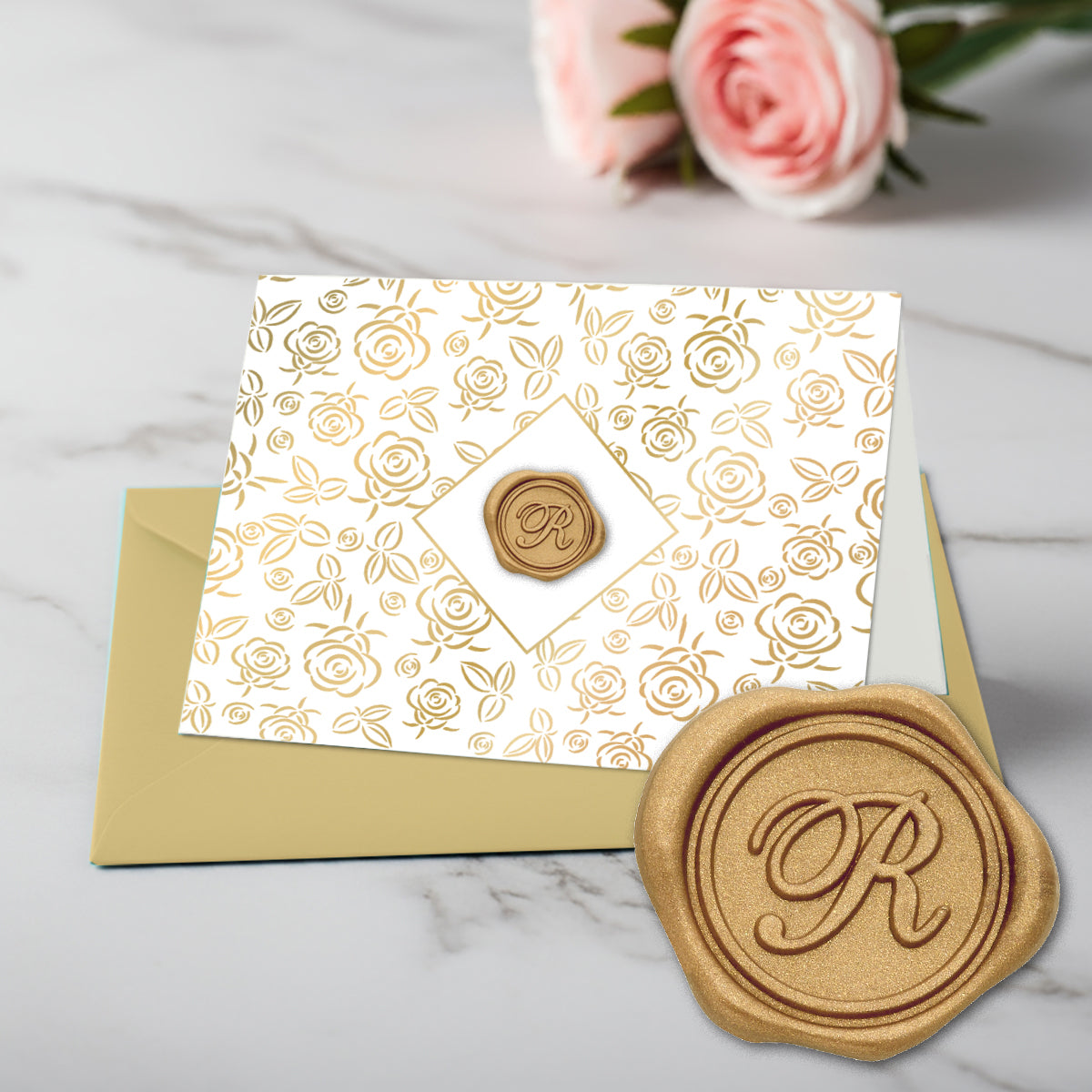Gold Initial Wax Seal Foil Boxed Note Cards-Gold Roses 8/8
