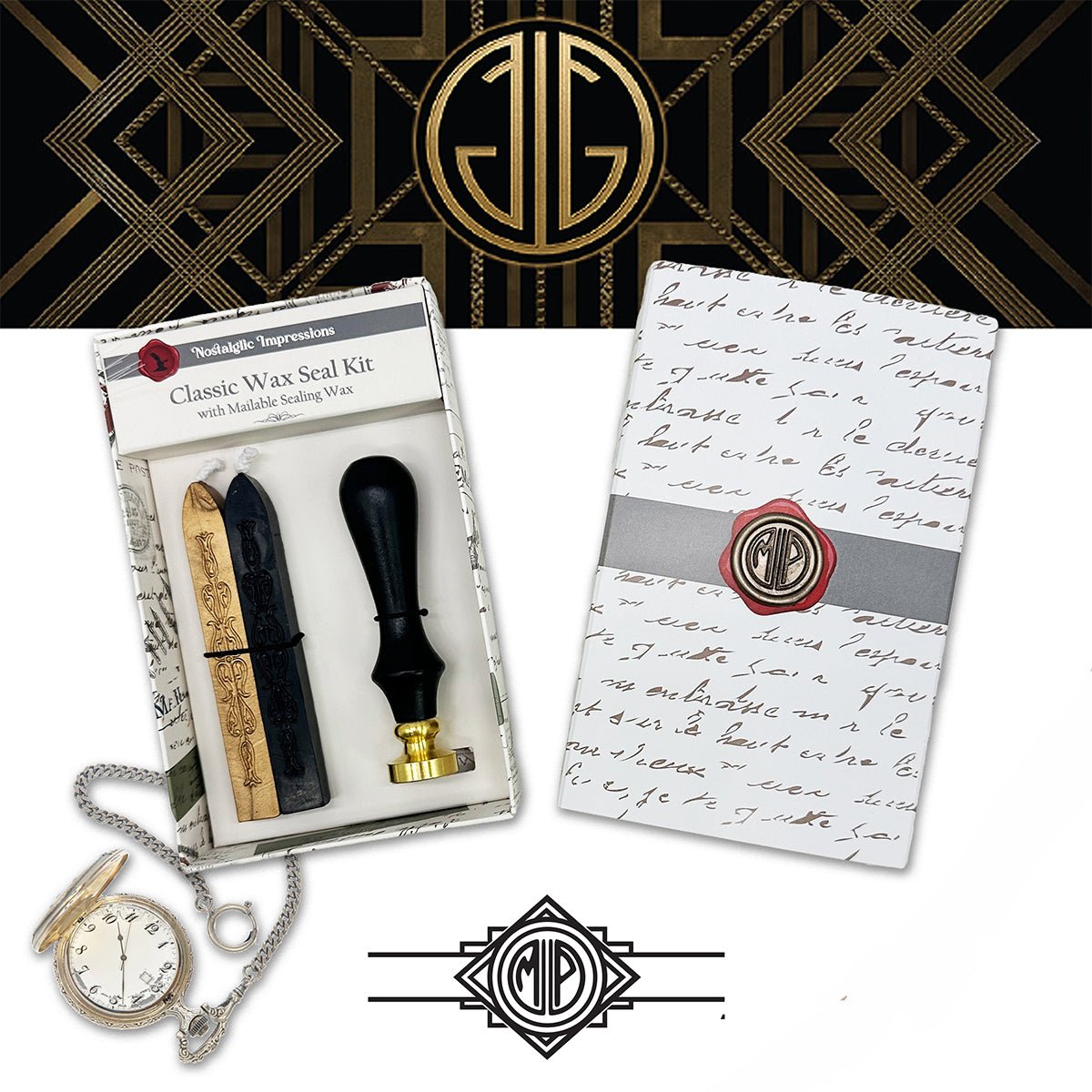 Gatsby Custom Wax Seal Stamp Kit with Black and Gold Sealing Wax - Nostalgic Impressions