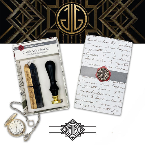 Gatsby Custom Wax Seal Stamp Kit with Black and Gold Sealing Wax - Nostalgic Impressions