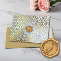 Gold Foil Brocade Single Initial Note Cards with Wax Seals - 8 Personalized Blank Stationery Set
