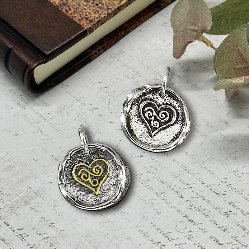 Heart Swirl Petite Wax Seal Charm 5/8" Antiqued Silver or Brass Accent-Made in Italy