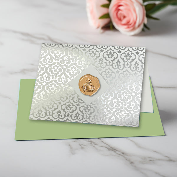 Damask Silver Foil Boxed Note Cards with Classic Gold Pineapple Wax Seal by Nostalgic Impressions
