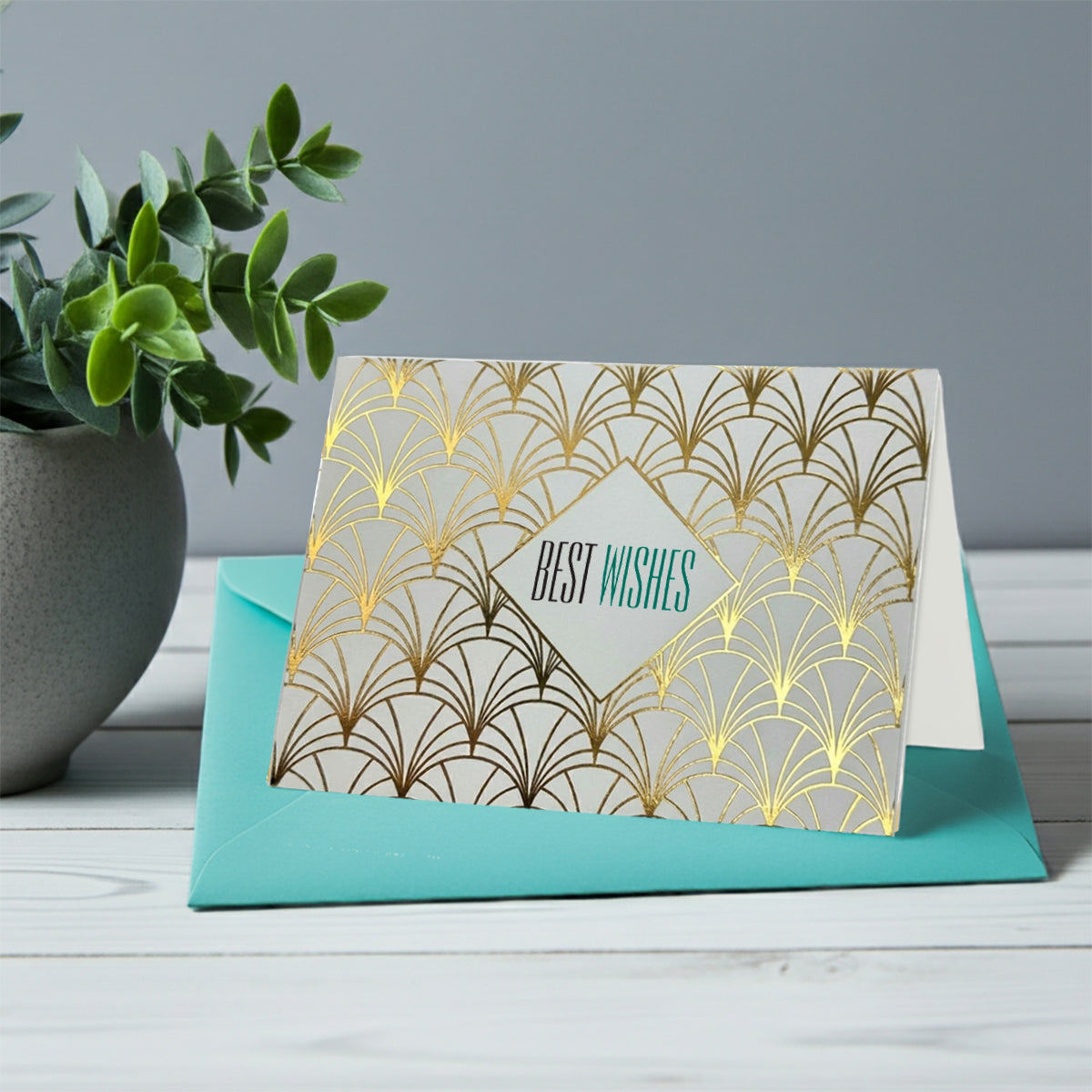 Gold Foil Best Wishes Note Cards Boxed Set of 8 with Teal envelopes by Nostalgic Impressions
