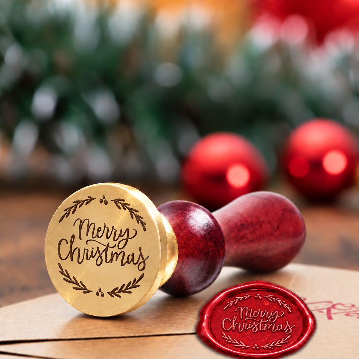 Merry Christmas-Branch wax seal stamp with a burgundy wood handle