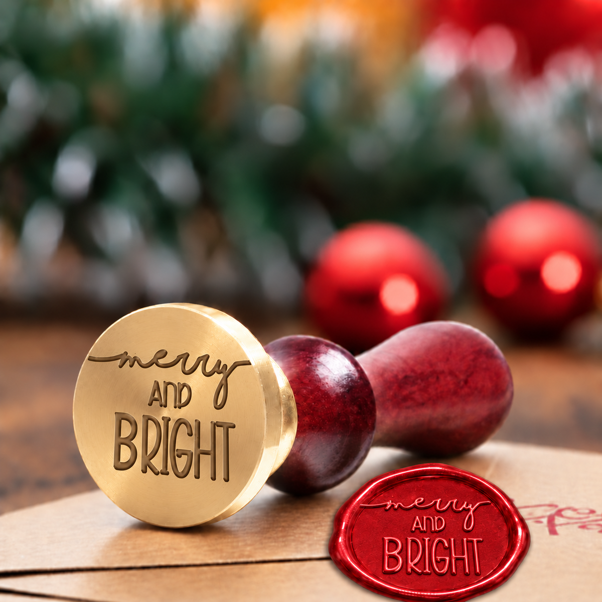 Merry and Bright wax seal stamp with a burgundy wood handle