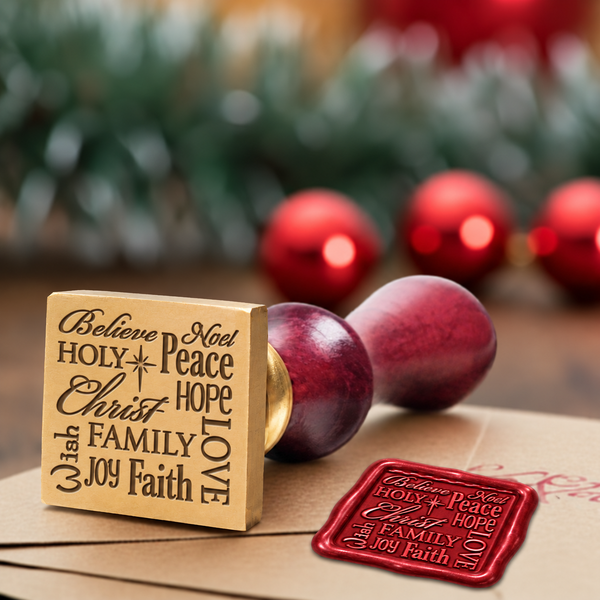 Holiday Spirit wax seal stamp with a burgundy wood handle
