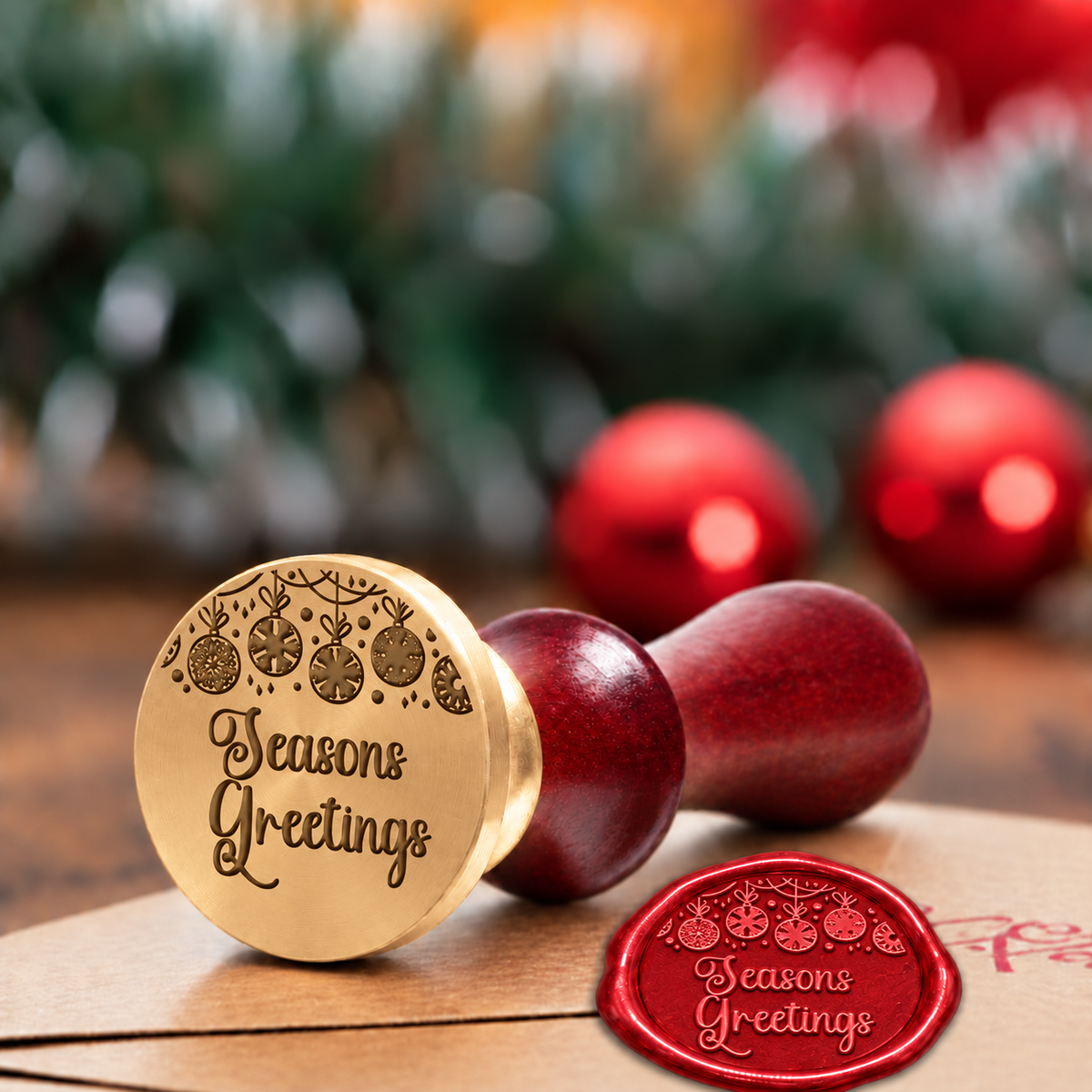 Personalized Seasons Greetings wax seal stamp with a burgundy wood handle